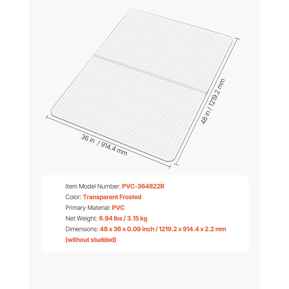 VEVOR Stuhlmatte Bodenschutzmatte (1225 x 915 mm) Bürostuhlmatte rutschfester klarer Stuhlteppich aus PVC mit Noppen, sanftes Gleiten unter dem Schreibtischteppich für Heimbüro (rechteckig)