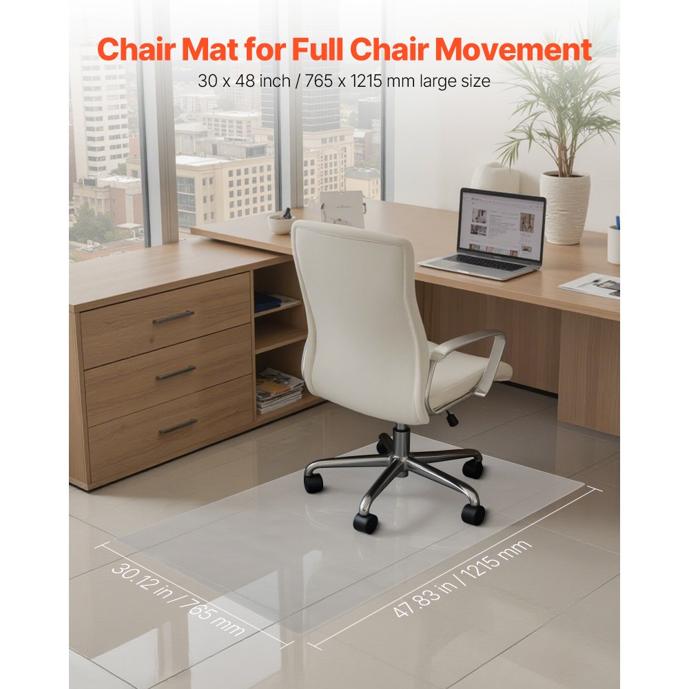 VEVOR Chair Mat, 765 x 1215 mm Transparent Office Chair Mat for Hard Floors, Floor Protector for Rolling Chairs, Non-Slip & Easy to Clean, Smooth Glide Under Desk Rug for Home Office (Rectangular)