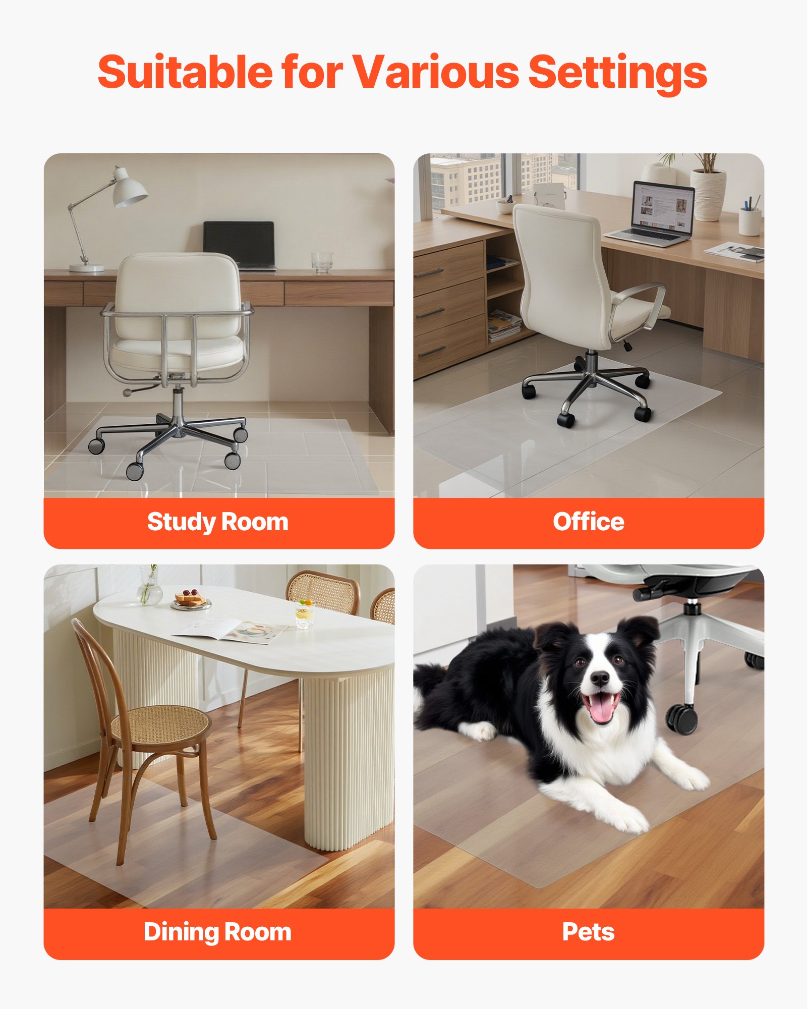 VEVOR Chair Mat, 765 x 1215 mm Transparent Office Chair Mat for Hard Floors, Floor Protector for Rolling Chairs, Non-Slip & Easy to Clean, Smooth Glide Under Desk Rug for Home Office (Rectangular)