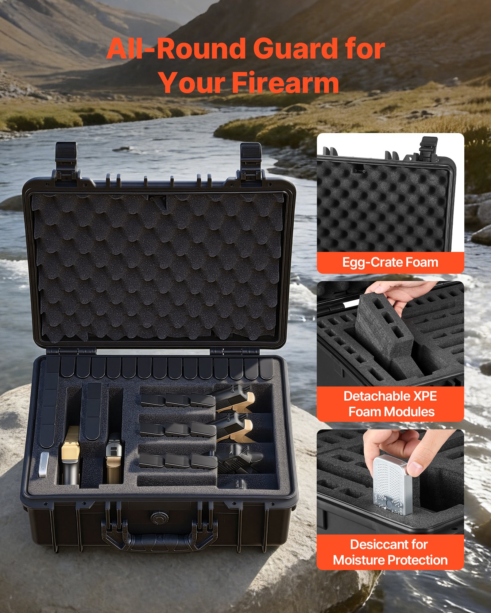 VEVOR Hartschalenkoffer für 6 Pistolen, Pistolenkoffer mit XPE-Schaumstoffeinlage 475x415x215 mm, Wasserdichter Kurzwaffenkoffer mit Anpassbarem Innenraum & Tragegriff, für Pistole Objektive Kamera