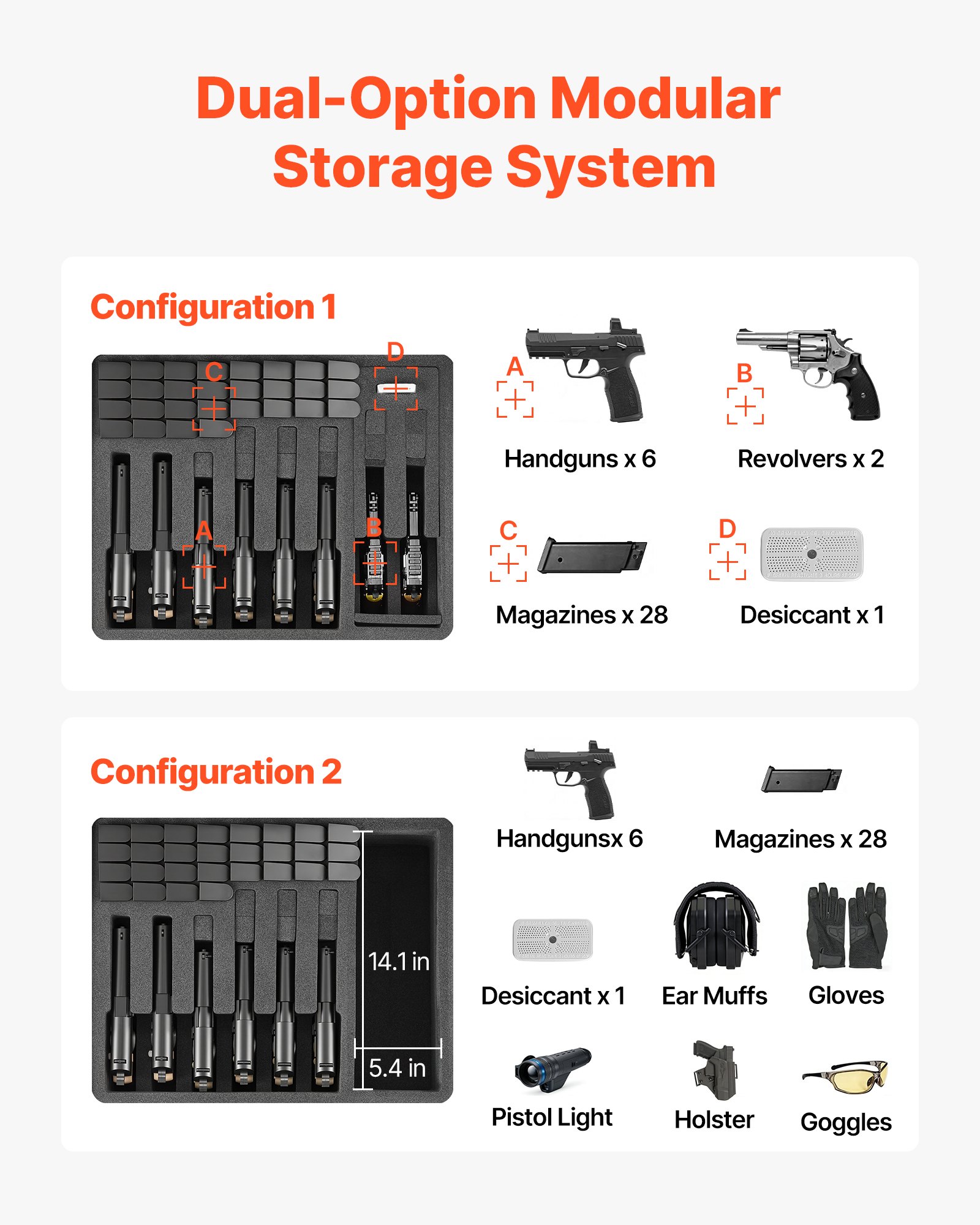 VEVOR Hartschalenkoffer für 8 Pistolen, Pistolenkoffer mit XPE-Schaumstoffeinlage 556x455x225 mm, Wasserdichter Kurzwaffenkoffer mit Anpassbarem Innenraum & Tragegriff, für Pistole Objektive Kamera