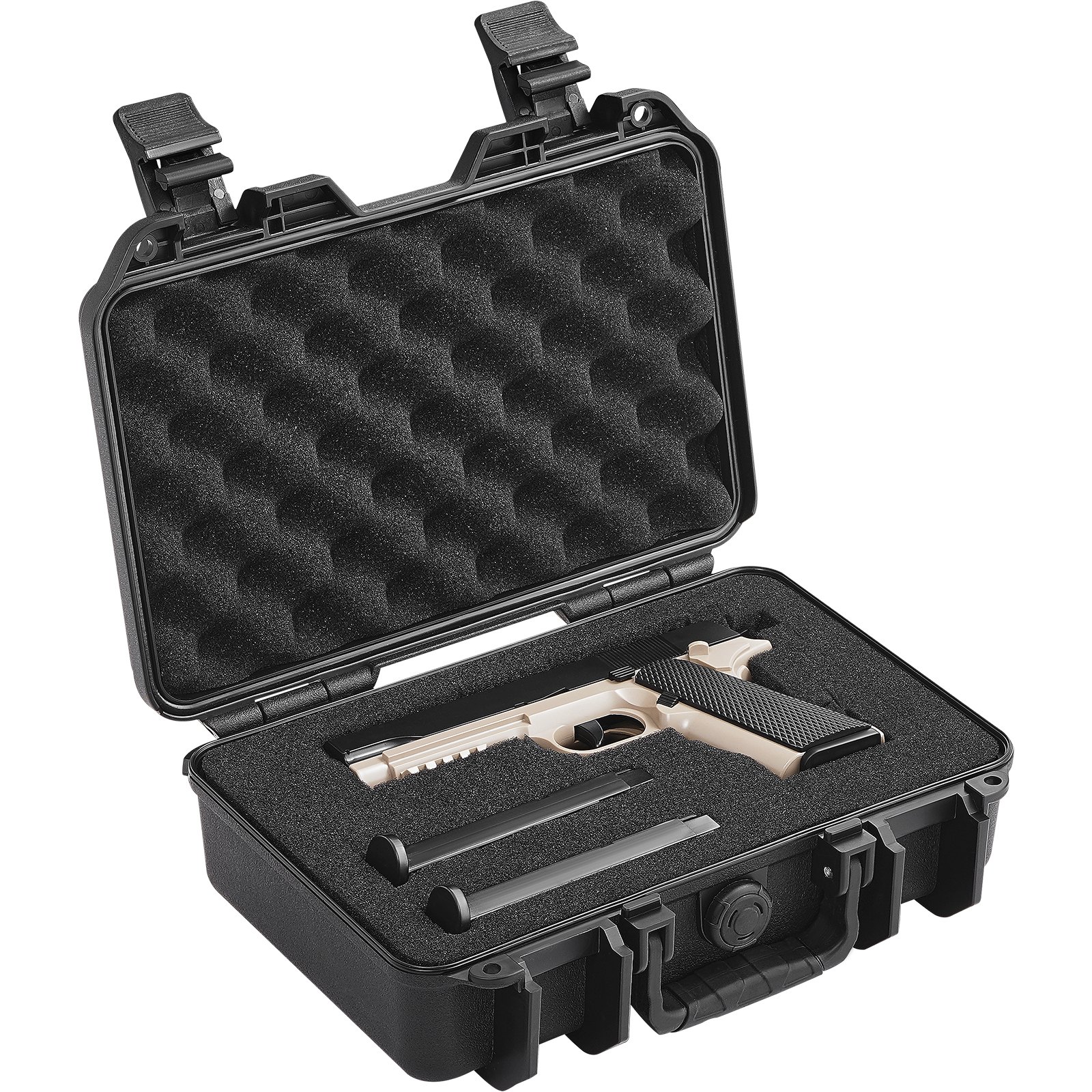 VEVOR Hartschalenkoffer für Pistolen mit vorgeschnittenem PU-Schaum, wasser- und staubdichter Hartschalenkoffer für 1 Pistole, 12,59 × 9,01 × 4,4 Zoll, abschließbarer Pistolenkoffer, schwarz