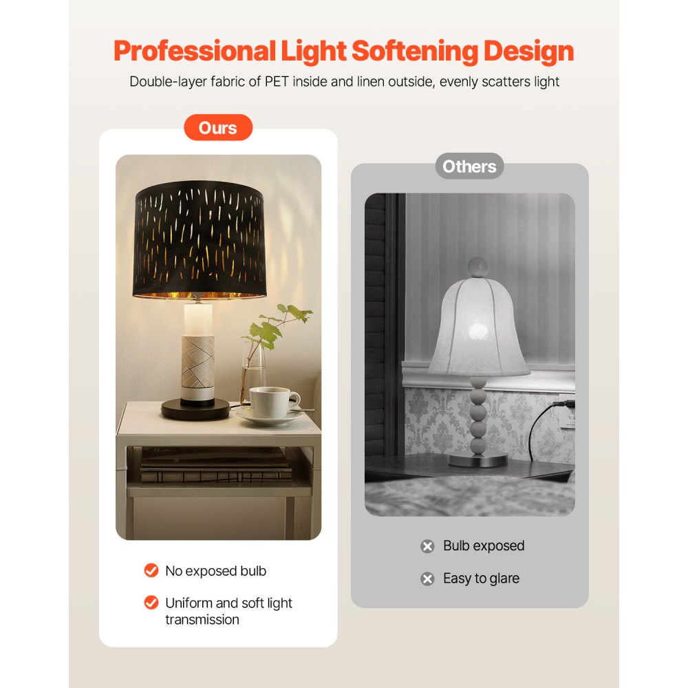 VEVOR Lampenschirm Trommel 33x33x25 cm (oben x unter x hoch), 2 mittelgroße Ersatzschirme aus TC-Gewebe + PET, Lampenschirm mit Harfe für Tischlampen Stehlampen (schwarzes, hohlgeschnitztes Design)