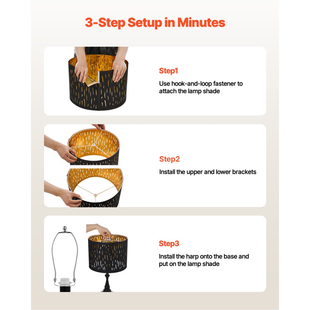 VEVOR Lampenschirm Trommel 33x33x25 cm (oben x unter x hoch), 2 mittelgroße Ersatzschirme aus TC-Gewebe + PET, Lampenschirm mit Harfe für Tischlampen Stehlampen (schwarzes, hohlgeschnitztes Design)