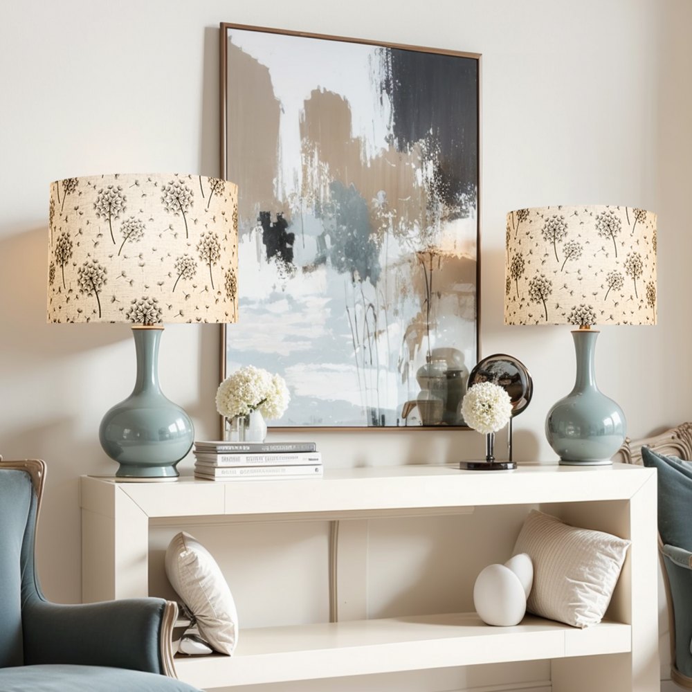 VEVOR Lampshade Drum 33 x 33 x 25 cm (top x bottom x height), 2 pcs. medium replacement shades made of linen + PVC, lampshade for table lamps, floor lamps, pendant lights (light dandelion pattern)