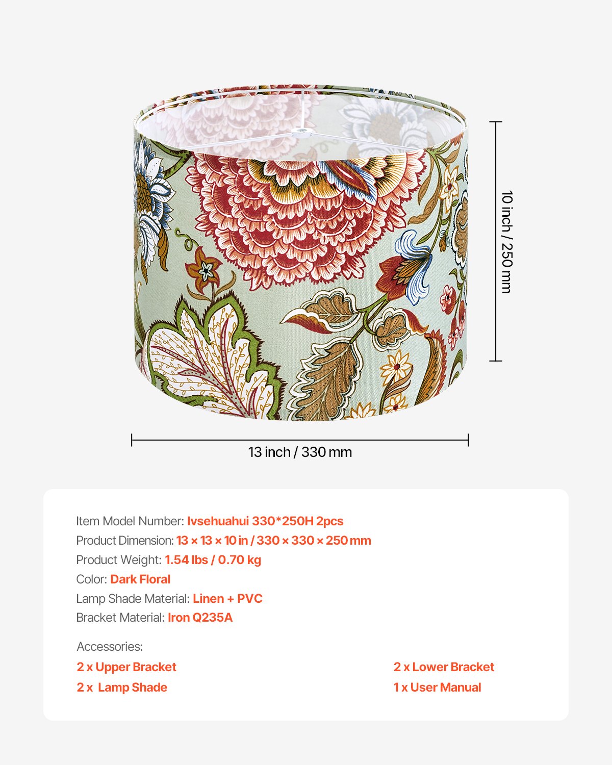 VEVOR Lampshade Drum 33 x 33 x 25 cm (top x bottom x height), 2 pcs. medium replacement shades made of linen + PVC, lampshade for table lamps, floor lamps, pendant lights (dark floral)