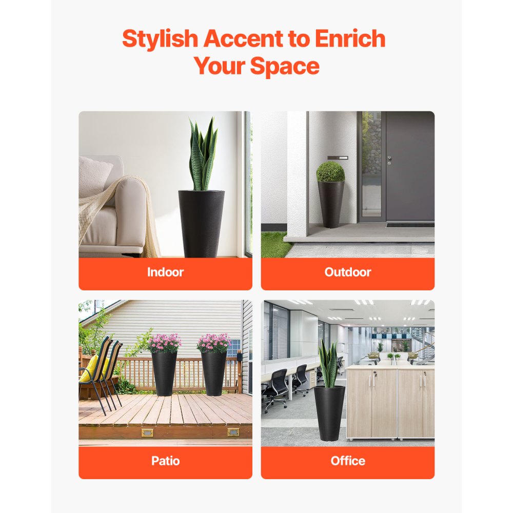 VEVOR Blumentopf, 2er Set, Großer konischer Blumenkübel 590 mm, Modernes Design, Effizientes Drainagesystem, Pflanztopf, für Veranda, Patio, Außenbereich, Innenbereich, Schwarz