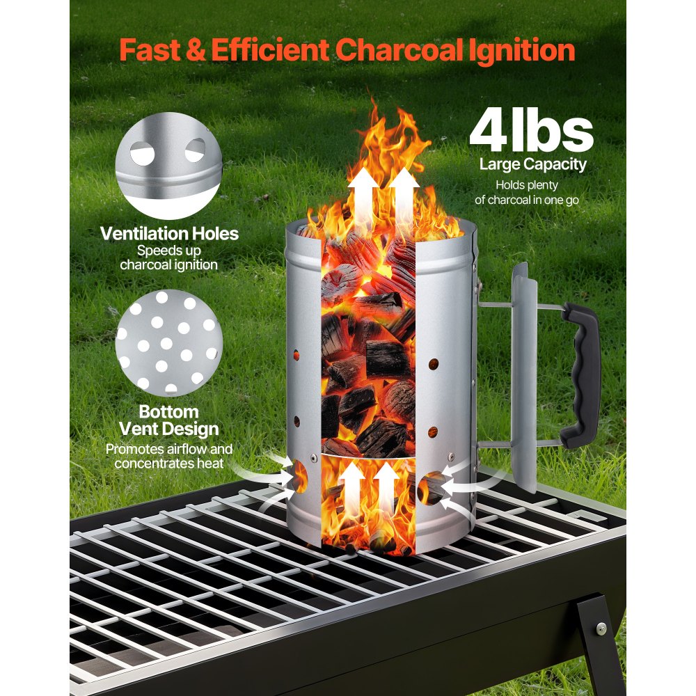 VEVOR Charcoal Chimney Starter, 1.8kg Large Capacity Coal Fireplace, Heavy Duty BBQ Steel Chimney Starter for Charcoal Grill and Barbecues, Compact On-the-Go Carbon Lighter and BBQ Grill Tool, Silver