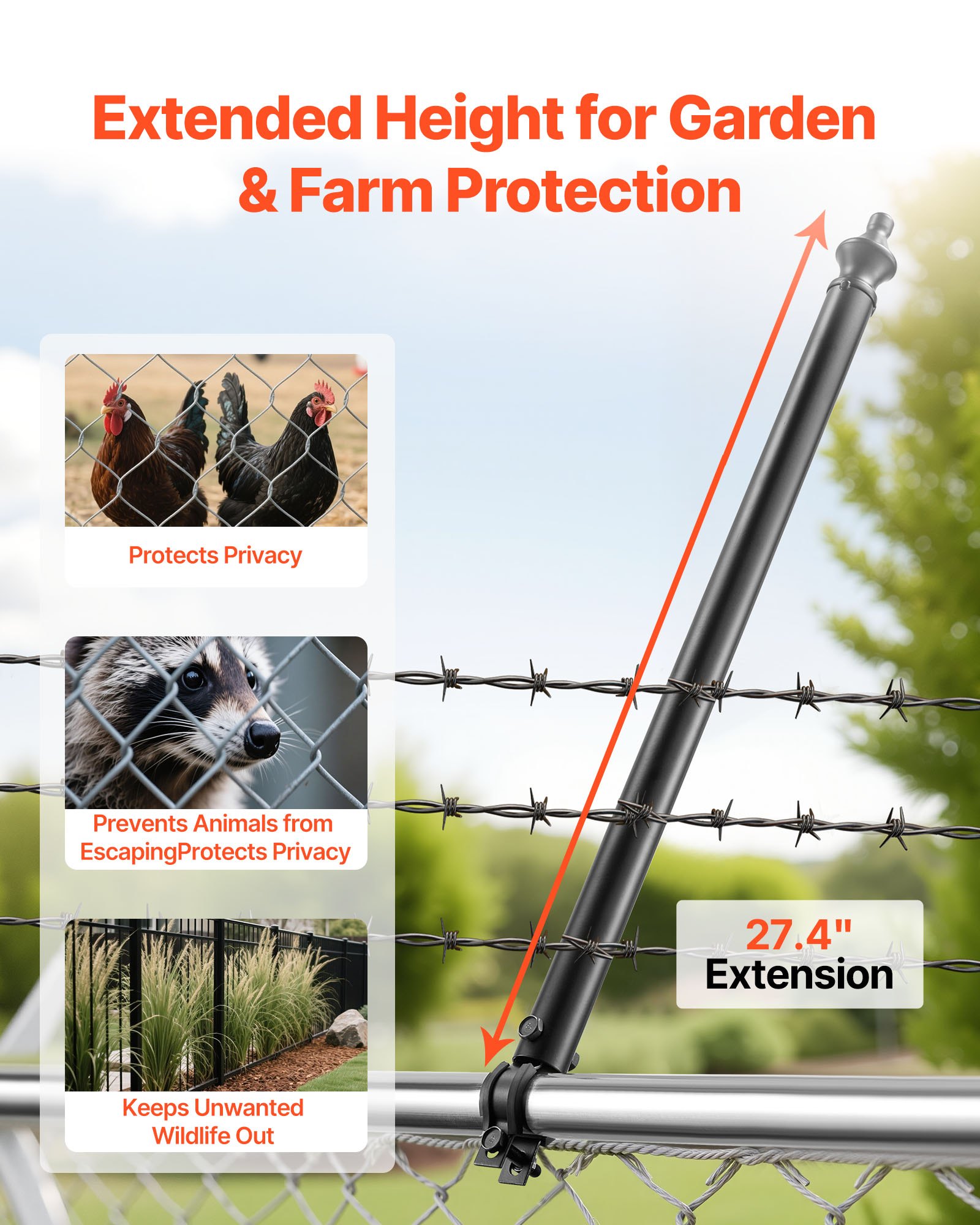VEVOR Chain Link Fence Extensions, 9 Packs 695 mm Extension Height, Galvanized Post Extender for 32 to 38 mm Top of Fence, U Bracket, Barbed Wire Extend Arm for Privacy, Prevent Dogs Jumping Out