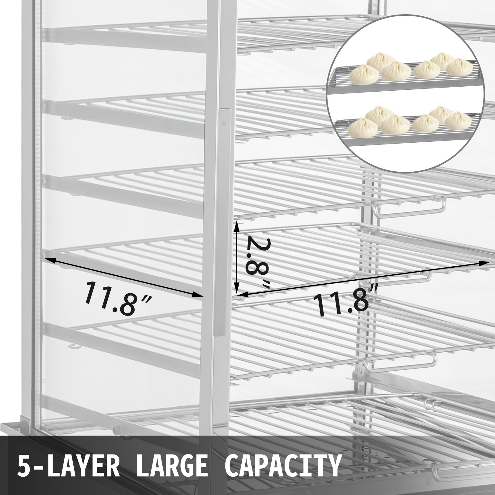VEVOR Brötchendämpfer 5-Lagen, Dampfgarer 900 W, Kommerzieller Dampfkocher 380 x 400 x 745 mm, Schaukasten-Brötchen-Dampfer 30-110 °C, Elektrischer Speisenwärmer mit 2 Essenszangen und Griff