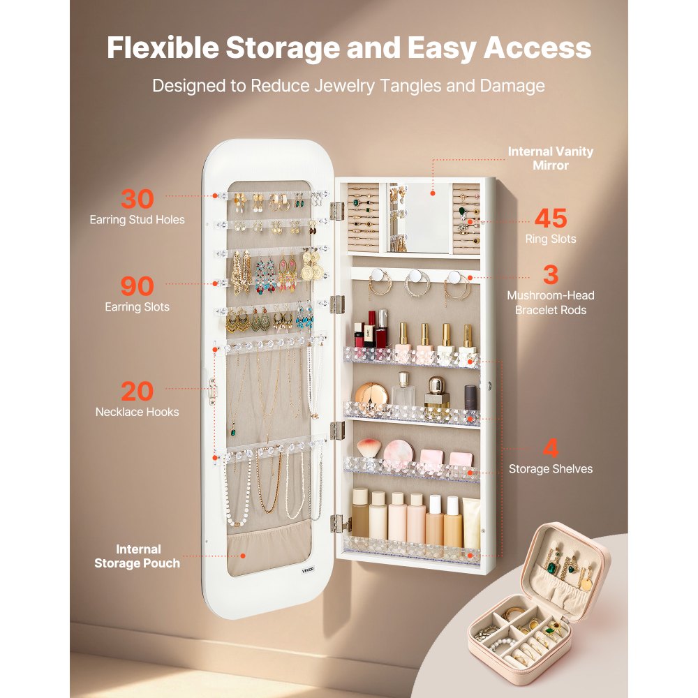 VEVOR Schmuckschrank 108 vm hoch, Ganzkörperspiegel mit Stauraum, Wandmontage/über der Tür, Schmuckschrank-Organizer, abgerundetes Design, abschließbar mit 2 Schlüsseln & Reise-Organizer, weiß