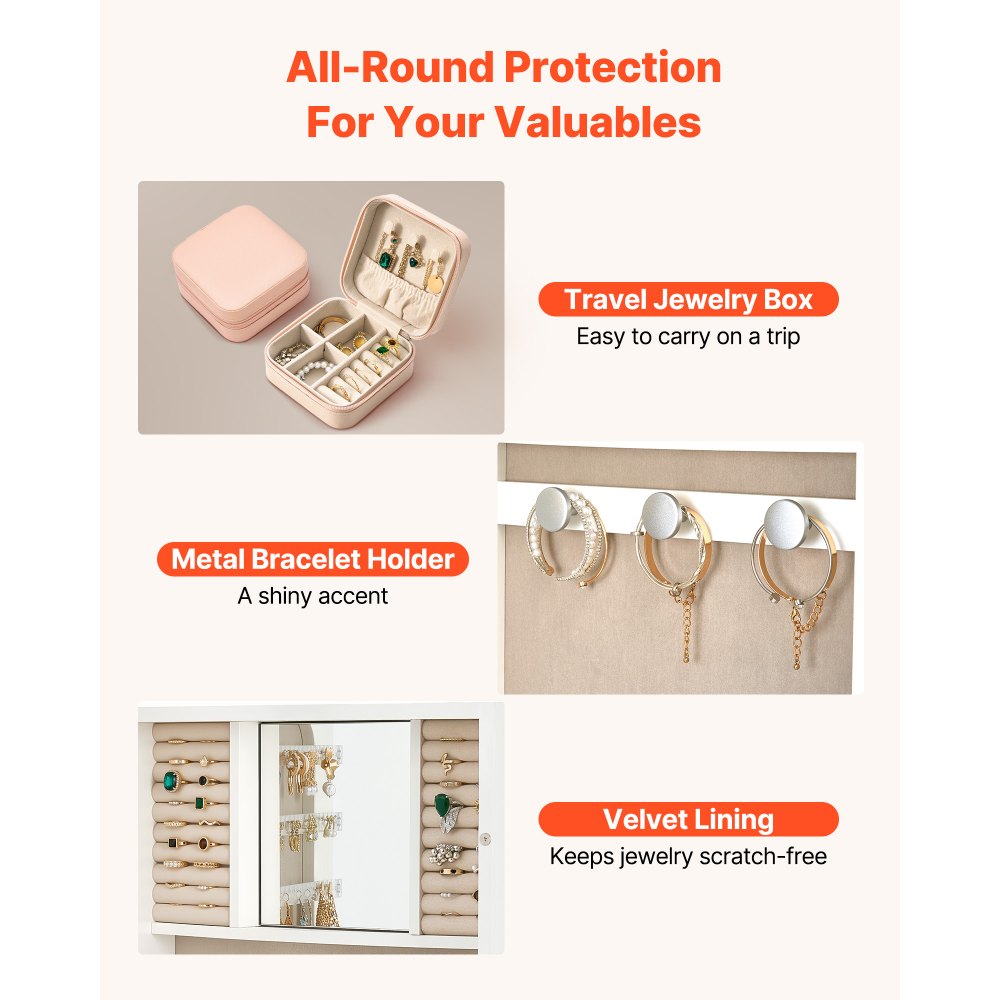 VEVOR Schmuckschrank 108 vm hoch, Ganzkörperspiegel mit Stauraum, Wandmontage/über der Tür, Schmuckschrank-Organizer, abgerundetes Design, abschließbar mit 2 Schlüsseln & Reise-Organizer, weiß