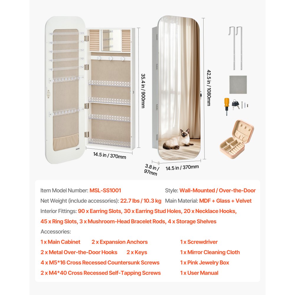 VEVOR Schmuckschrank 108 vm hoch, Ganzkörperspiegel mit Stauraum, Wandmontage/über der Tür, Schmuckschrank-Organizer, abgerundetes Design, abschließbar mit 2 Schlüsseln & Reise-Organizer, weiß
