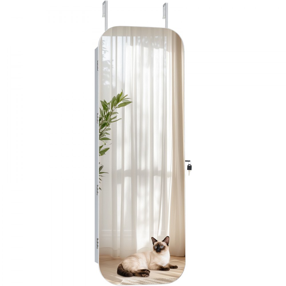 VEVOR Schmuckschrank 108 vm hoch, Ganzkörperspiegel mit Stauraum, Wandmontage/über der Tür, Schmuckschrank-Organizer, abgerundetes Design, abschließbar mit 2 Schlüsseln & Reise-Organizer, weiß