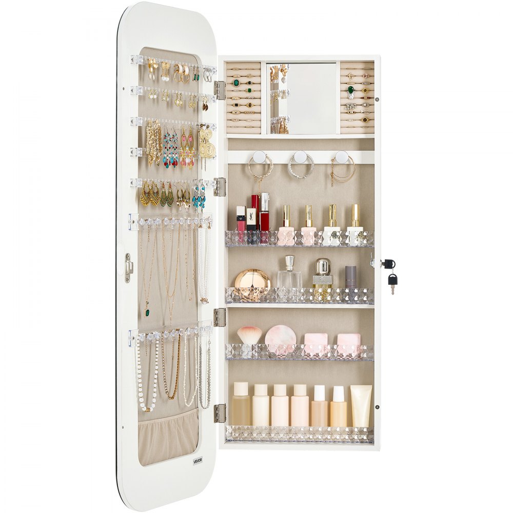 VEVOR Schmuckschrank 108 vm hoch, Ganzkörperspiegel mit Stauraum, Wandmontage/über der Tür, Schmuckschrank-Organizer, abgerundetes Design, abschließbar mit 2 Schlüsseln & Reise-Organizer, weiß