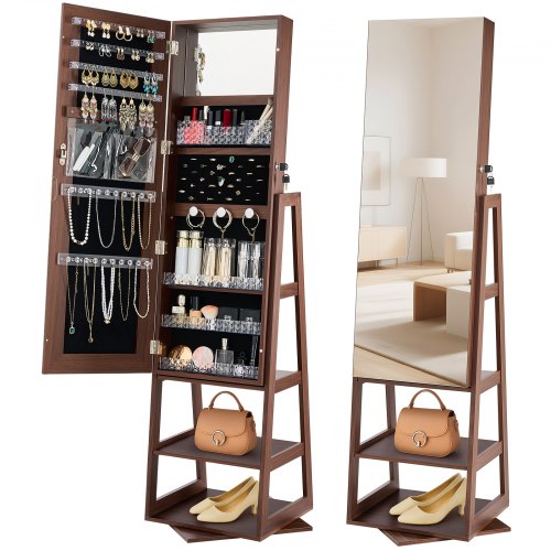 VEVOR 360° drehbarer Schmuckschrank (155 mm hoch) mit Ganzkörperspiegel mit Stauraum, Schmuckschrank-Organizer mit 2 Schlüsseln & Zubehörtaschen &