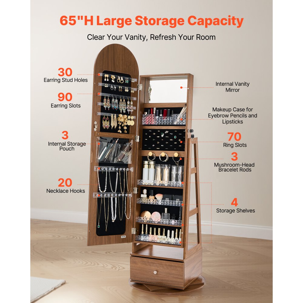 VEVOR 360° drehbarer Schmuckschrank (1655 mm hoch) mit Ganzkörperspiegel mit Stauraum, Schmuckschrank-Organizer mit 2 Schlüsseln & Zubehörtaschen & Ablagefächer & Schubladen, Schmuckaufbewahrung