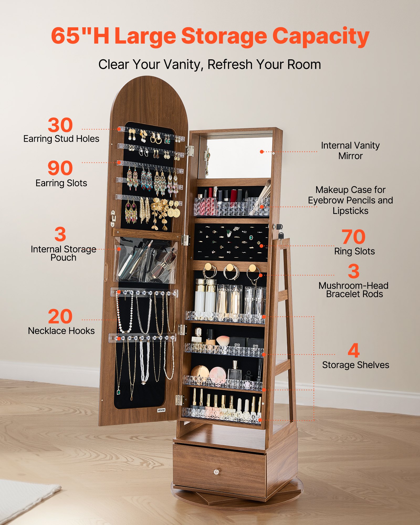 VEVOR 360° drehbarer Schmuckschrank (1655 mm hoch) mit Ganzkörperspiegel mit Stauraum, Schmuckschrank-Organizer mit 2 Schlüsseln & Zubehörtaschen & Ablagefächer & Schubladen, Schmuckaufbewahrung