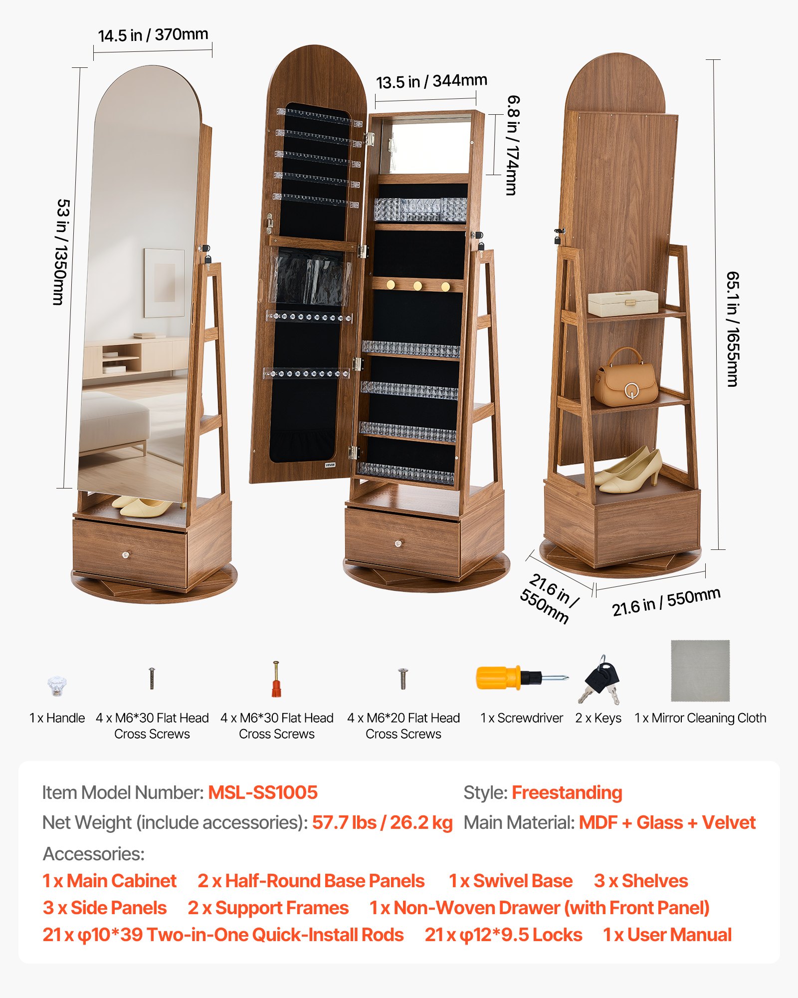 VEVOR 360° drehbarer Schmuckschrank (1655 mm hoch) mit Ganzkörperspiegel mit Stauraum, Schmuckschrank-Organizer mit 2 Schlüsseln & Zubehörtaschen & Ablagefächer & Schubladen, Schmuckaufbewahrung