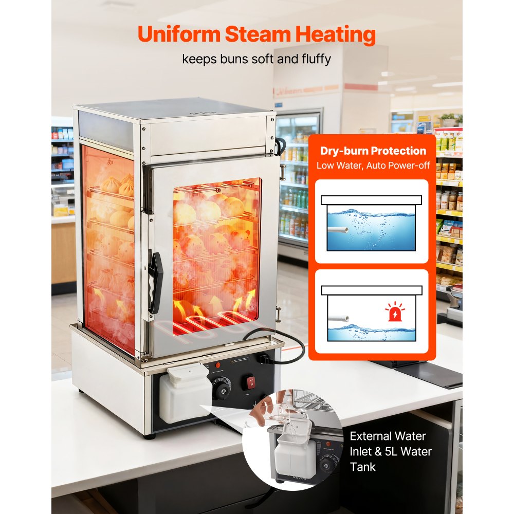 VEVOR 5-stufiger Gewerblicher Speisenwämer 120 L 30 bis 110 ℃, 1200 W Brötchendämpfer LED-Beleuchtung & Verstellbaren Ablagen & Edelstahlrahmen, Warmhaltevitrine für Hamburger Mantou Brot