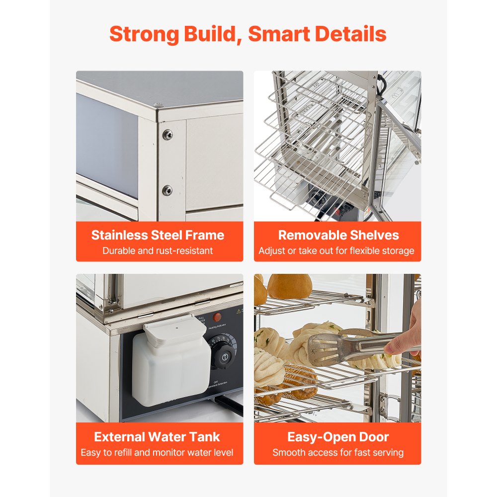 VEVOR 5-stufiger Gewerblicher Speisenwämer 120 L 30 bis 110 ℃, 1200 W Brötchendämpfer LED-Beleuchtung & Verstellbaren Ablagen & Edelstahlrahmen, Warmhaltevitrine für Hamburger Mantou Brot