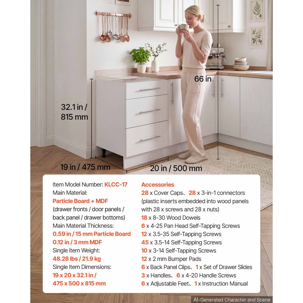 VEVOR White Shaker Base Cabinet Ready to Assemble 50cmW Unassembled Cabinet, 500x475x815 mm(W x D x H), with 3 Drawers, Soft-Close Hardware, Fine Edge Banding, for Home, Office, and Laundry Room