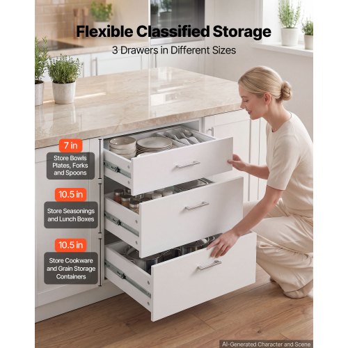 VEVOR Unterschrank 600x475x815 mm BxTxH Spanplatte Küchenunterschrank Weiß, für Waschküche und Bad, ohne Arbeitsplatte, im Shaker-Stil, mit 3 Schubladen, Soft-Close-Mechanismus und 3M-Laminierung