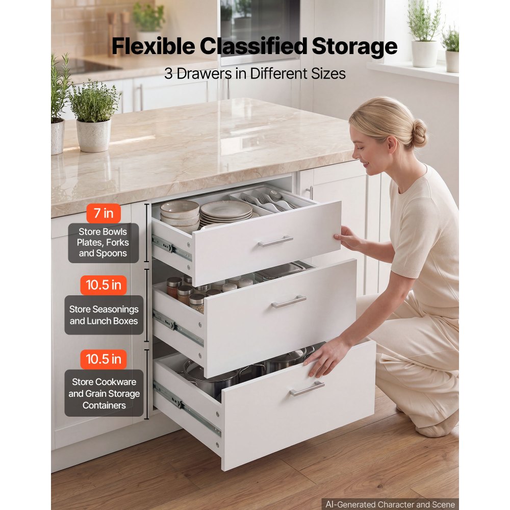 VEVOR Unterschrank 600x475x815 mm BxTxH Spanplatte Küchenunterschrank Weiß, für Waschküche und Bad, ohne Arbeitsplatte, im Shaker-Stil, mit 3 Schubladen, Soft-Close-Mechanismus und 3M-Laminierung