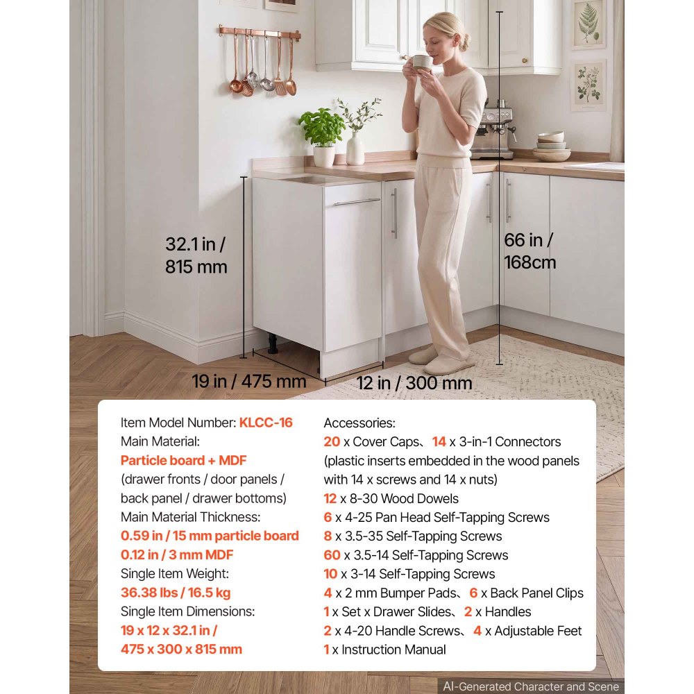 VEVOR White Shaker Base Cabinet Ready to Assemble 30cmW Unassembled Cabinet, 300x475x815 mm(W x D x H), with 1 Drawer, Soft-Close Hardware, Fine Edge Banding, for Home, Office, and Laundry Room