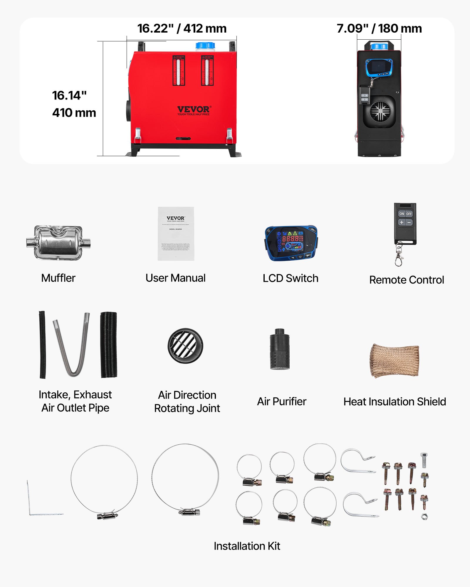 VEVOR Diesel Air Heater, 8 kW DC12-24V, Fast Heating Diesel Parking Heater with Remote Control and Blue LCD Switch, Low Noise, Pre-Heating Function, for RV, Truck, Camper, Van, Boat and Trailer