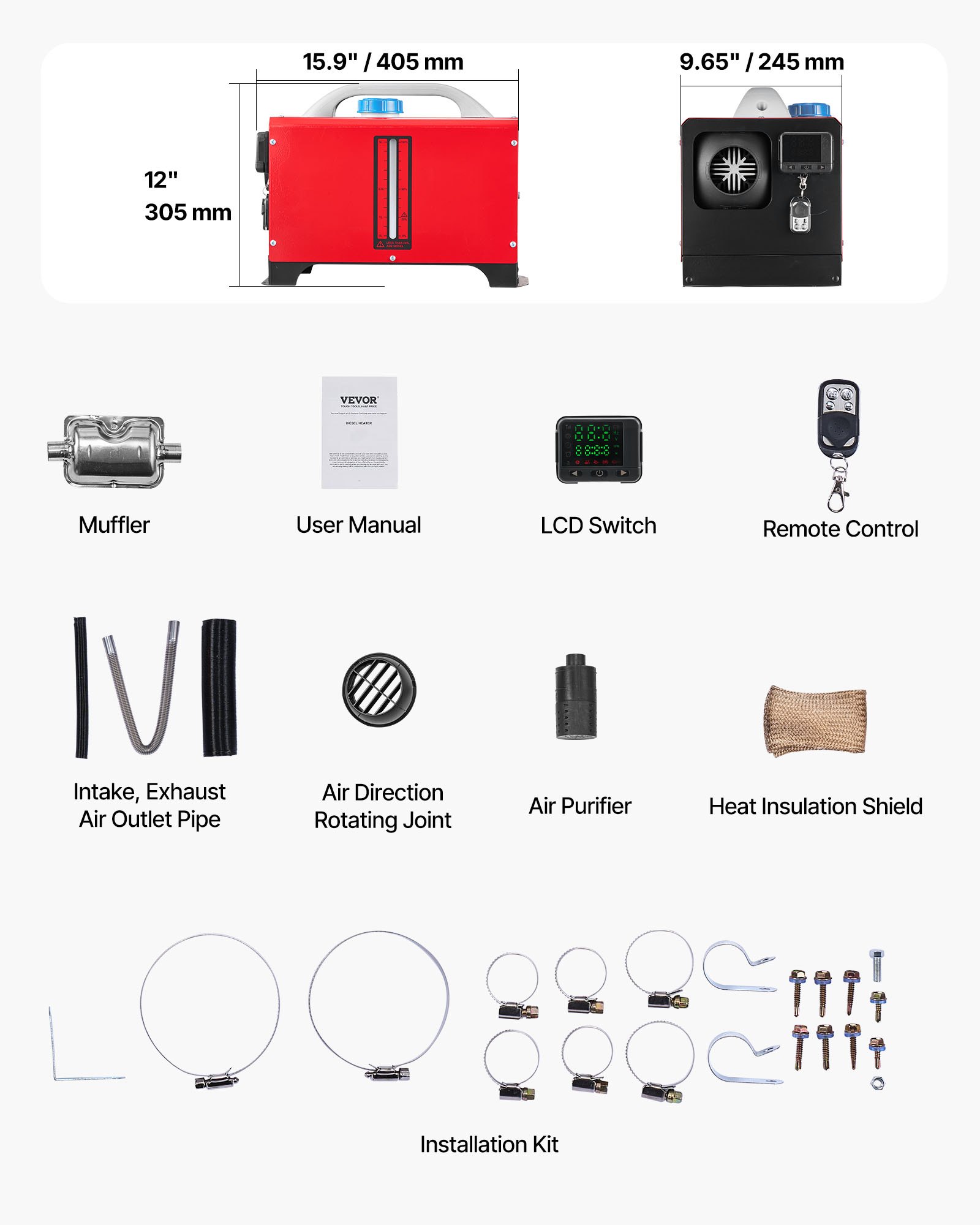 VEVOR Dieselheizung Diesel Luftheizung 8KW 12-24V mit Fernbedienung, Diesel Luft Standheizung – schnelle Erwärmung mit LCD-Display & Vorheizfunktion