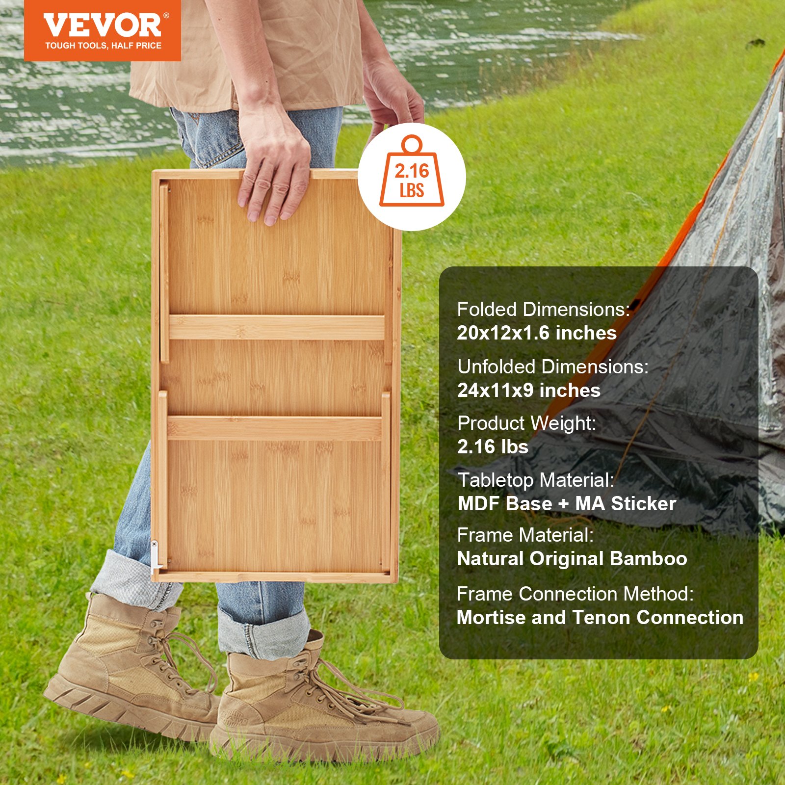 VEVOR Frühstückstablett Bambus-Rahmen Betttablett 609x300x226 mm, Serviertablett Betttisch mit Klappbaren Beinen Knietisch, Essenstablett auch als Laptop-Schreibtisch, Notebook-Tisch Servieren