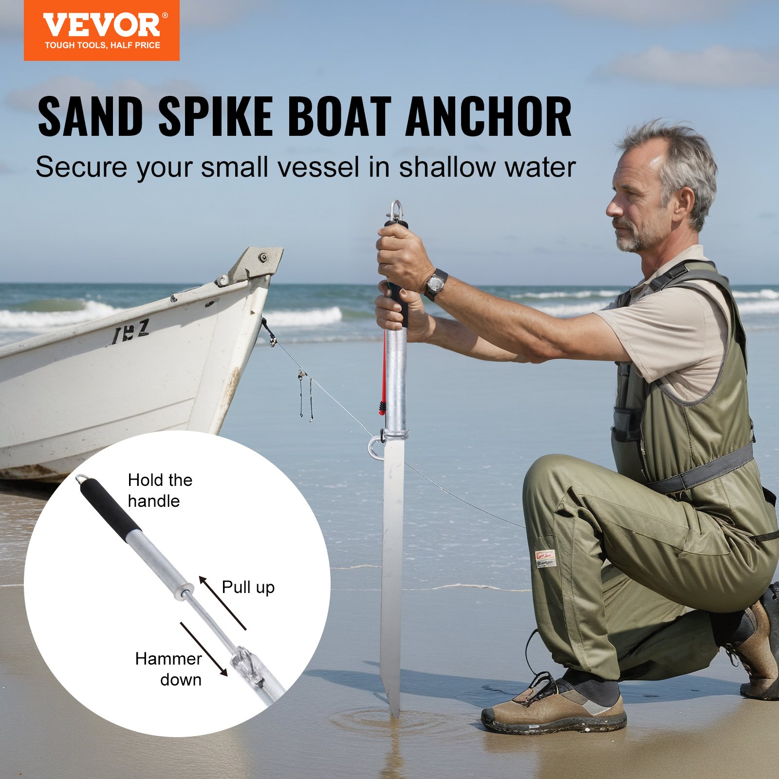 VEVOR Sandspike Anchor Pole for Boats, 985 mm Sliding Anchor Made of Galvanized Carbon Steel, Shore Spike, Self-Hammering Beach Spike Anchor for Small Boats, Jet Skis, Pontoons, Kayaks, etc.