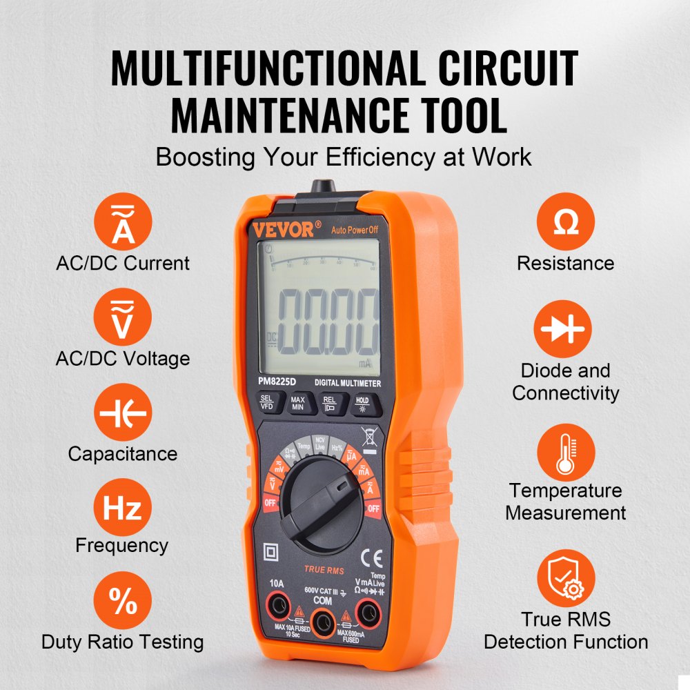 VEVOR Digital Multimeter 6000 Counts Voltmeter Batterietester Spannungsprüfer Durchgangsprüfer Ohm Volt Ampere Messgerät AC/DC Spannung Strom Widerstand Diode Großes LCD-Anzeige und Hintergrundlicht