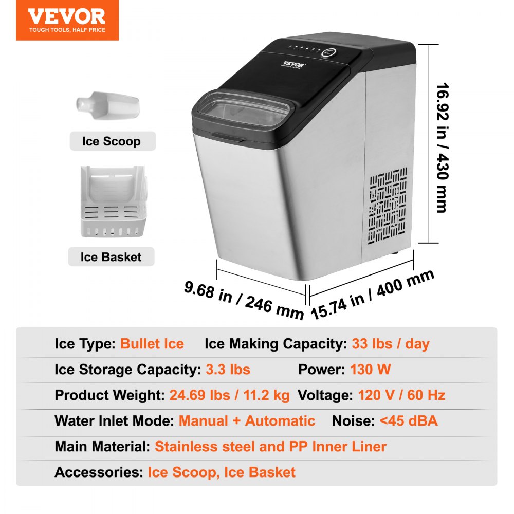 VEVOR 130 W Eiswürfelbereiter Gastro Eiswürfelmaschine Edelstahl 15 kg / 24 Std Eiswürfelbereiter Zubereitung in 7 Min 1,5 kg Eisspeicherkapazität