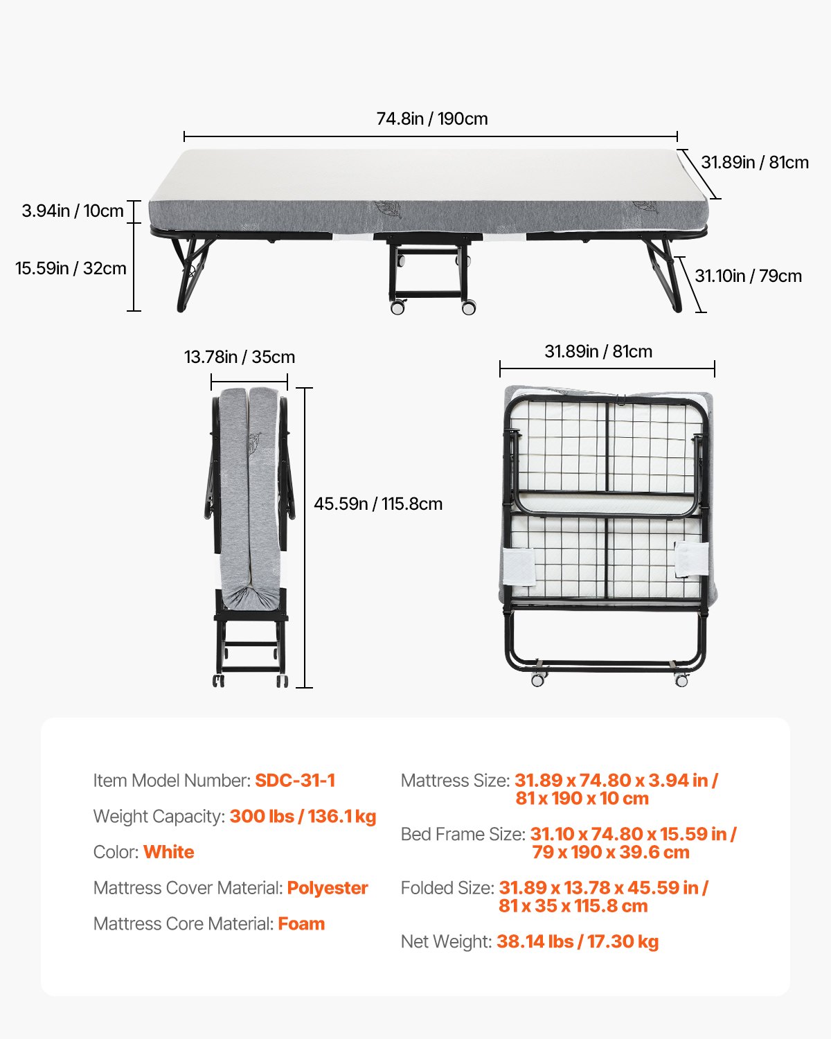 VEVOR Rollbett Klappbett mit 10 cm Matratze, faltbares Einzelbett mit Memory Foam-Matratze (190 x 81 cm), 136,1 kg belastbares Gästebett für Erwachsene, Metallbett für Schlafzimmer Wohnzimmer