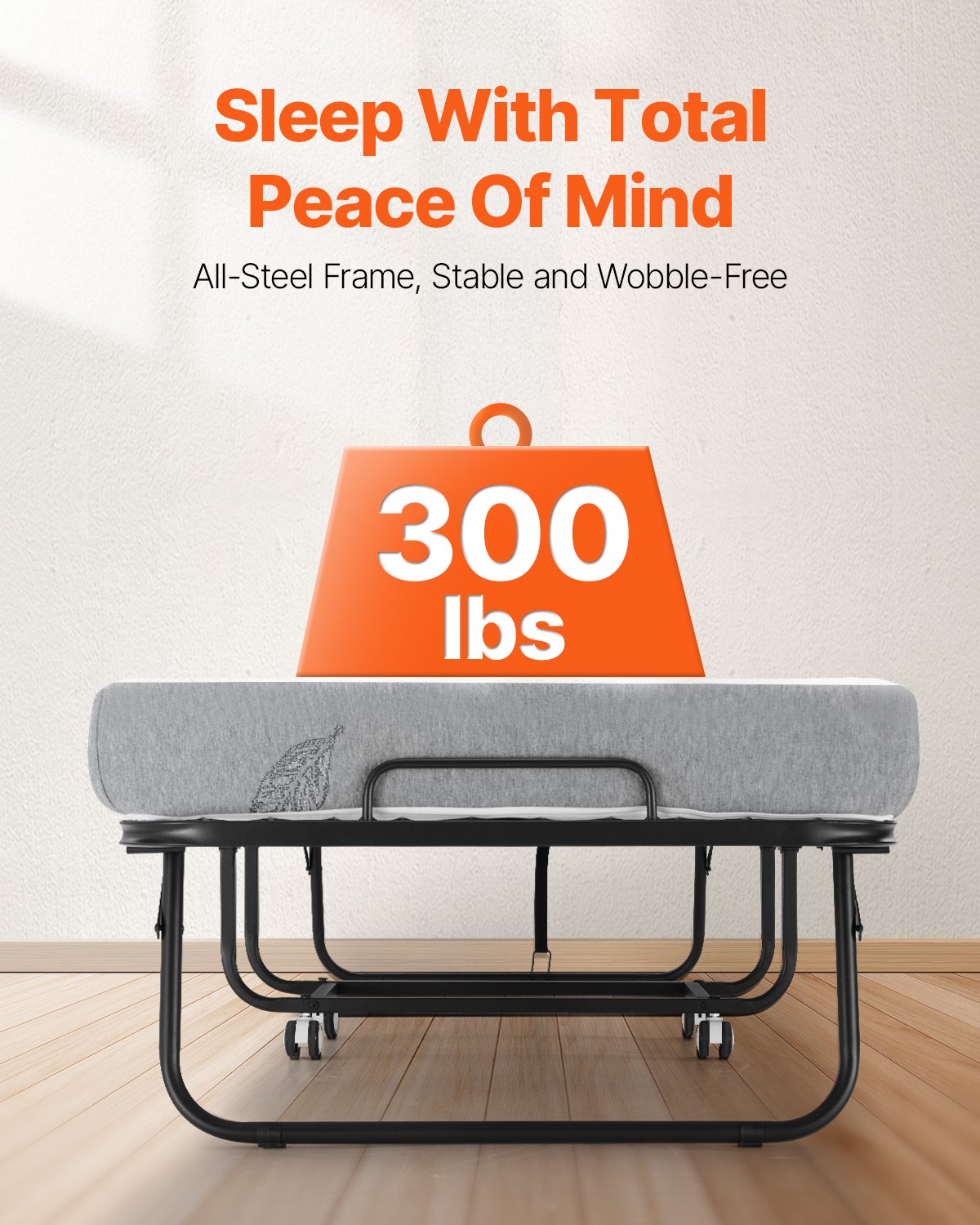 VEVOR Rollbett Klappbett mit 12,5 cm Matratze, faltbares Einzelbett mit Memory Foam-Matratze (190 x 81 cm), 136,1 kg belastbares Gästebett für Erwachsene, Metallbett für Schlafzimmer Wohnzimmer