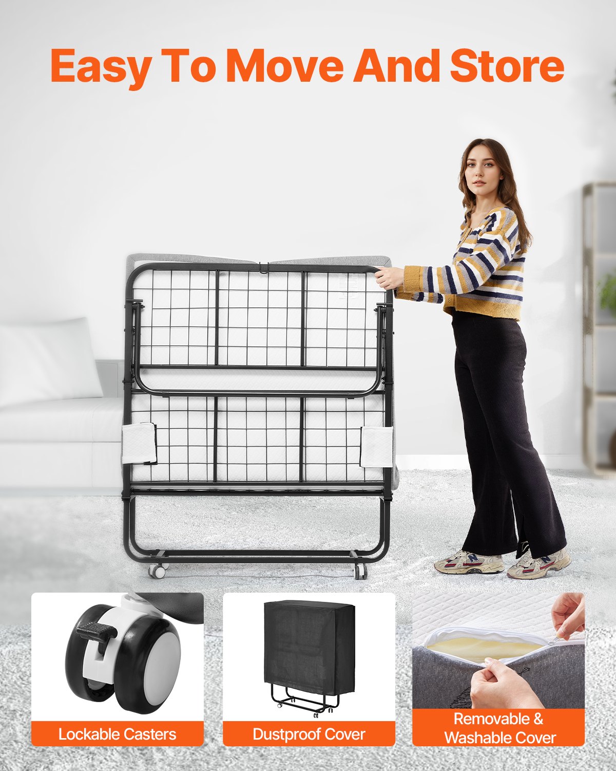 VEVOR Rollbett Klappbett mit 12,7 cm Matratze, faltbares Einzelbett mit Memory Foam-Matratze (190 x 98 cm), 204,1 kg belastbares Gästebett für Erwachsene Gäste, Metallbett für Schlafzimmer