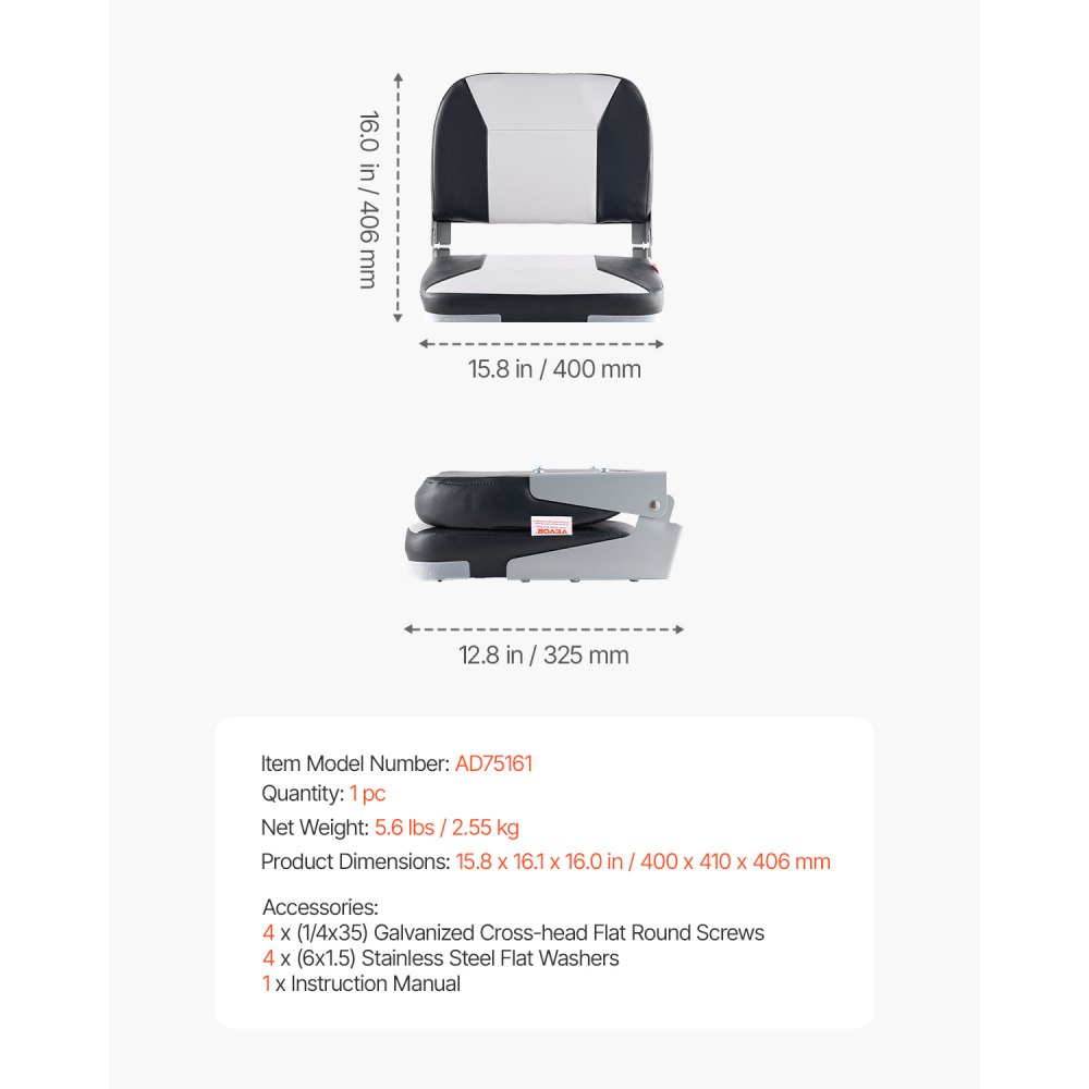 VEVOR 1 Stk. Bootssitz Bootsstuhl mit niedriger Rückenlehne klappbarer Fischerbootsitz mit dickem Schwammkissen & wasserdichtem PVC-Leder, Scharniere aus Aluminiumlegierung, Schwarz & Grau