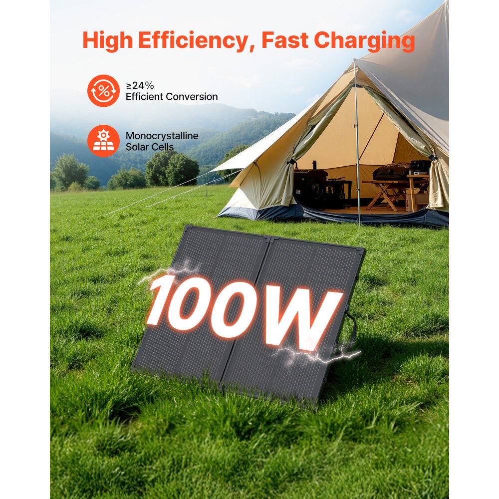 VEVOR Faltbares Solarpanel 100 W, 16BB N-Typ Tragbares Monokristallines Solarmodul mit Rahmen, 24% Wirkungsgrad, IP67, Ladegerät mit 30A PWM-Controller & MC4-Ausgang für Camping, Wandern