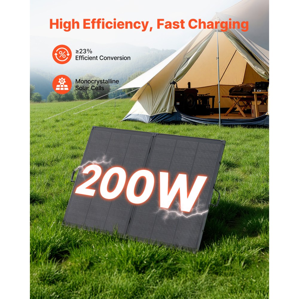 VEVOR Faltbares Solarpanel 200 W, Tragbares Monokristallines Solarmodul mit 30A PWM-Regler, MC4-Ausgang & Rahmen, 23% Hocheffizienz, IP67 Wasserdicht für Camping, Wandern & Wohnmobilreisen