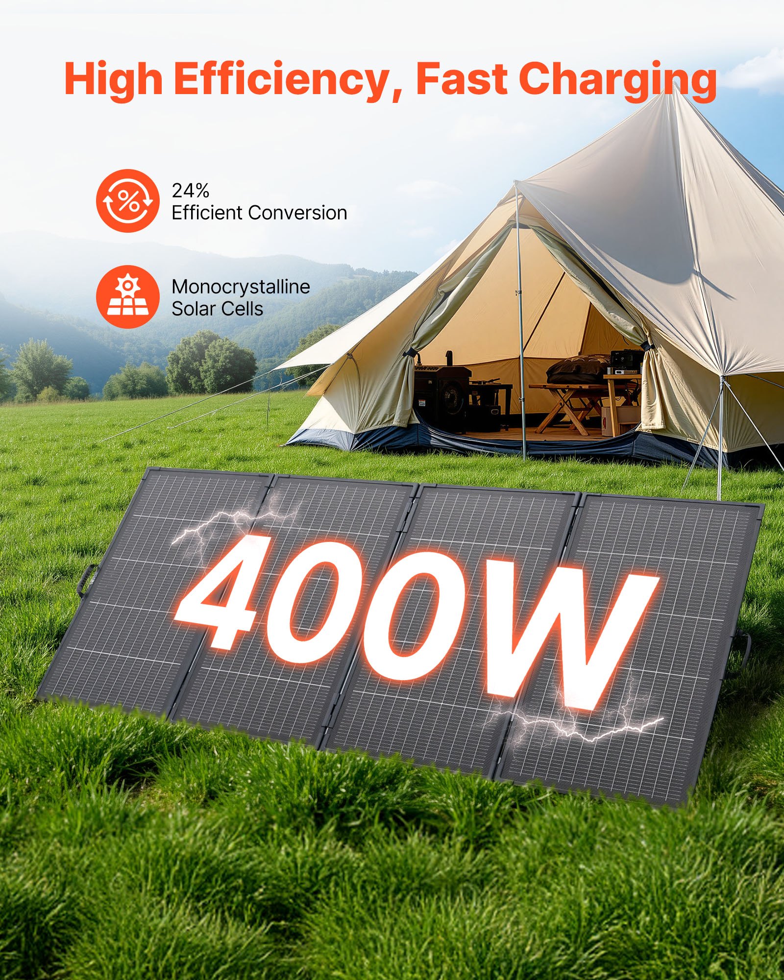 VEVOR 400W Foldable Solar Panel with Frame, 16BB N-Type Monocrystalline Solar Panel Charger 24% Efficiency, IP67 Waterproof with MC4 Output & 10-in-1 DC Adapter for Power Stations Camping Hiking Trips