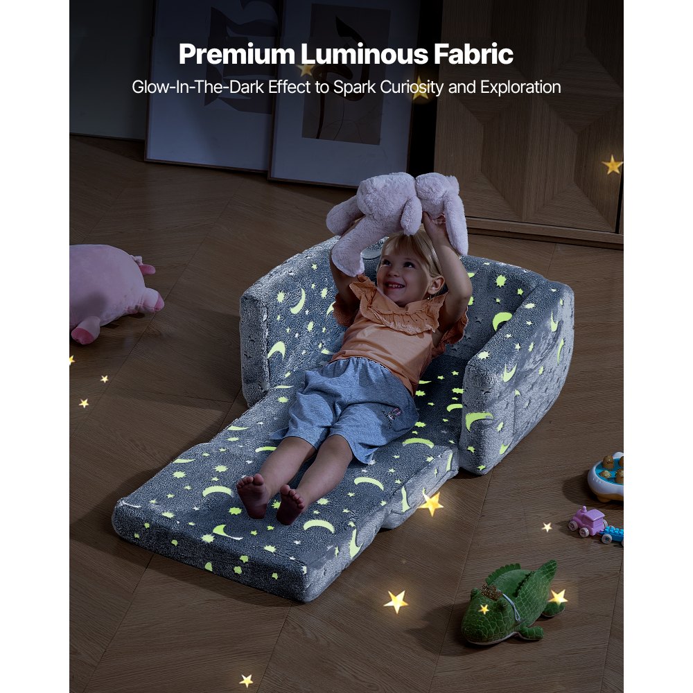 VEVOR Kindersofa Kindersessel aus 28D-Schwamm & Flanellstoff mit Armlehnen, waschbares Kindersofa im Dunkeln leuchtendes Kindercouch umwandelbares Schlafsofa für Spielzimmer Wohnzimmer Grau