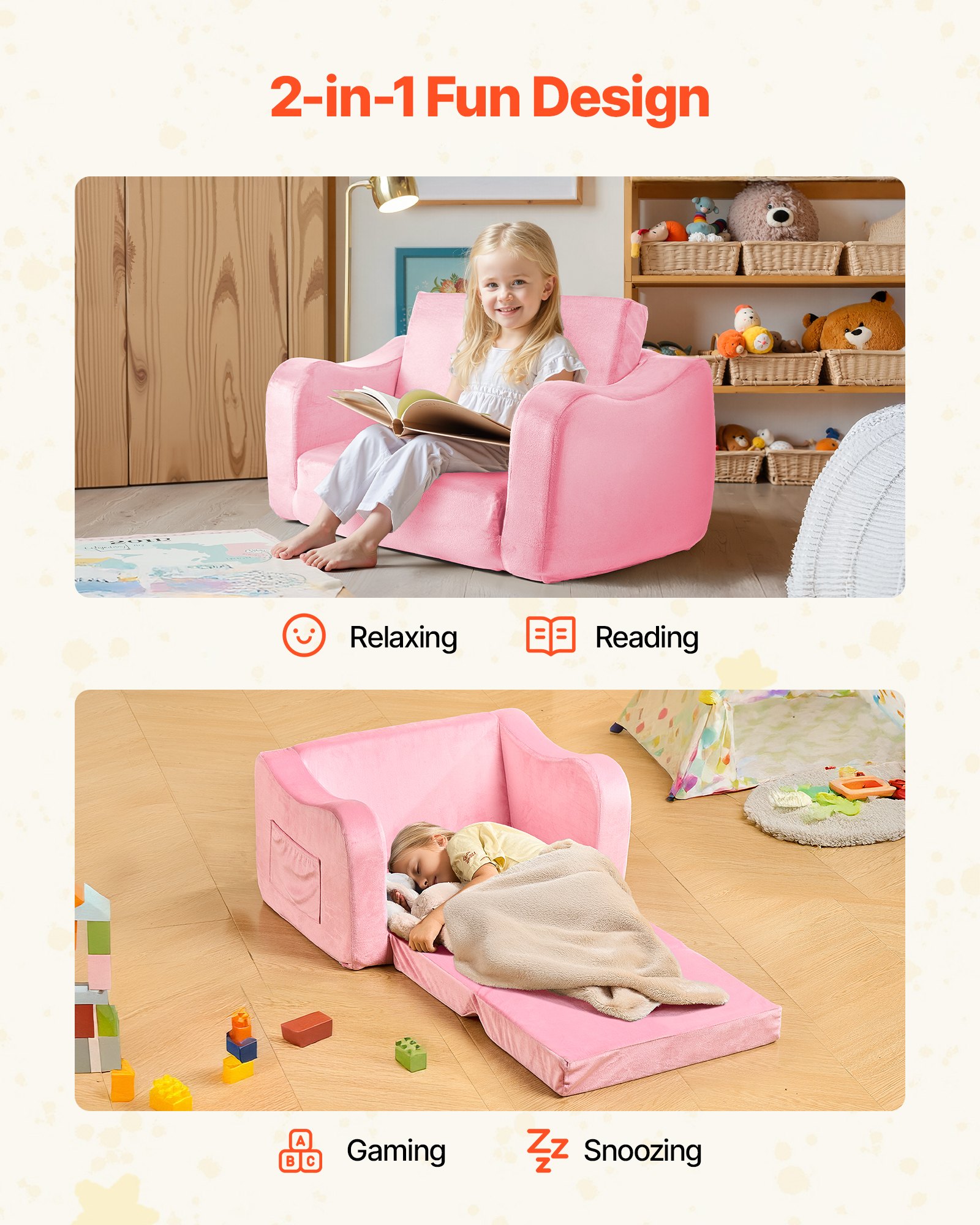 VEVOR Kindersofa Kindersessel aus 28D-Schwamm & kurzem Flor mit Armlehnen, Kleinkindersofa zum Lesen und Spielen, Kindercouch umwandelbares Schlafsofa für Spielzimmer Schlafzimmer Rosa M (Maß)