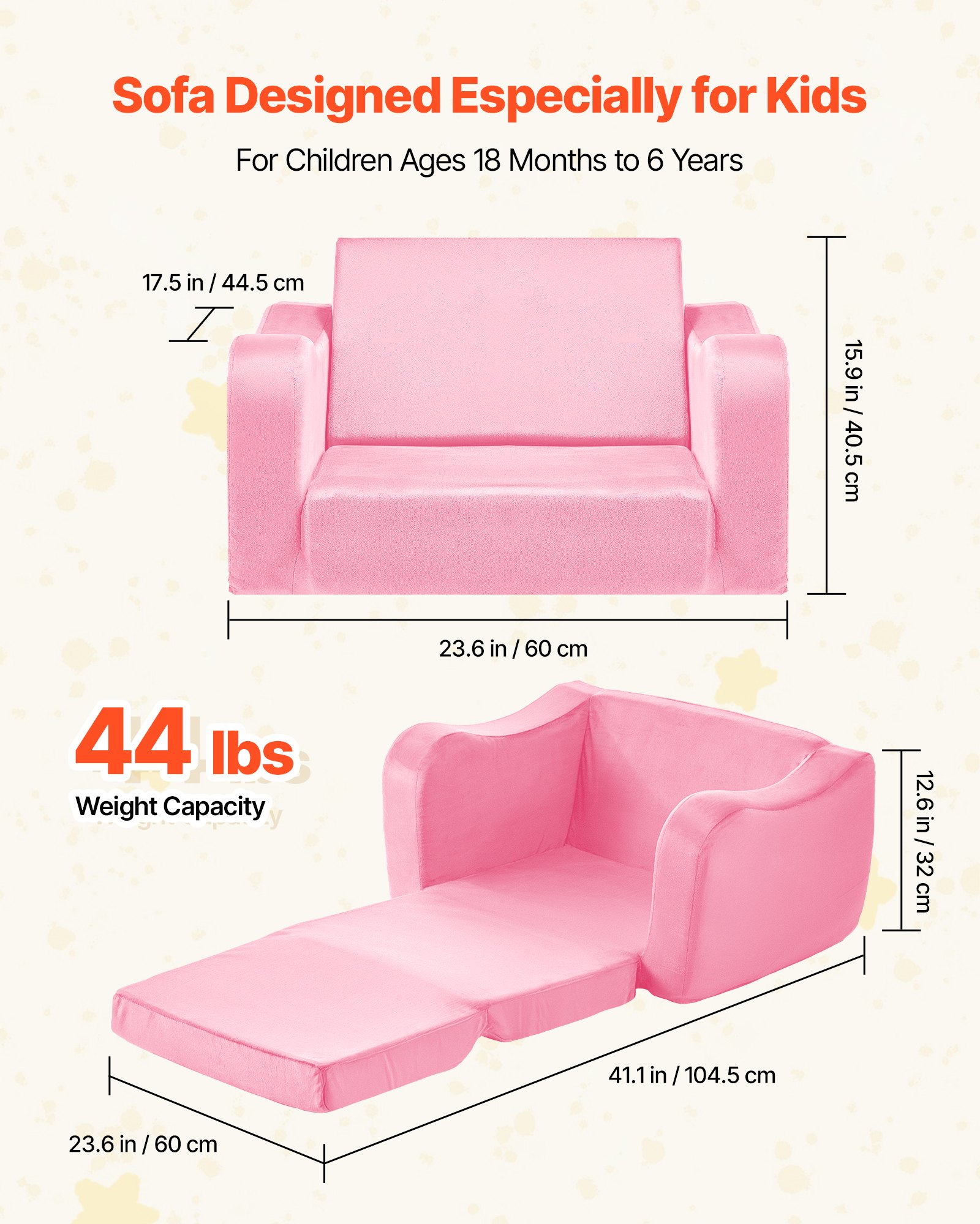 VEVOR Kindersofa Kindersessel aus 28D-Schwamm & kurzem Flor mit Armlehnen, Kleinkindersofa zum Lesen und Spielen, Kindercouch umwandelbares Schlafsofa für Spielzimmer Schlafzimmer Rosa M (Maß)