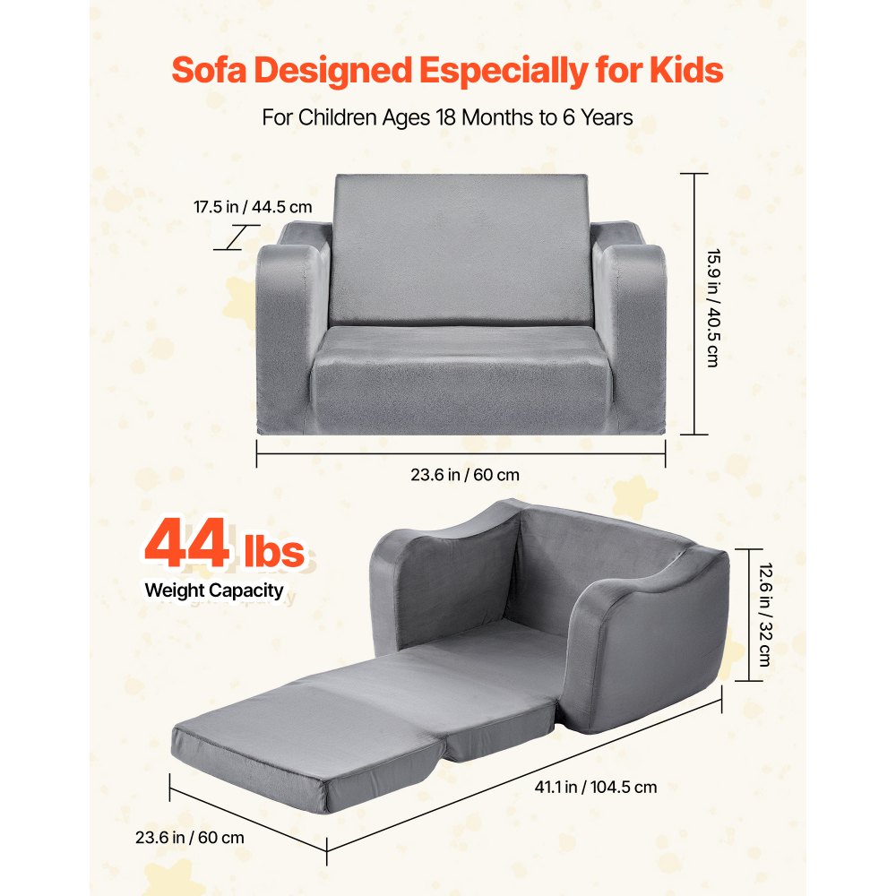 VEVOR Kindersofa Kindersessel aus 28D-Schwamm & kurzem Flor mit Armlehnen, waschbares Kindersofa, Kindercouch umwandelbares Schlafsofa Kleinkindersofa (M) für Spielzimmer Schlafzimmer Wohnzimmer Grau