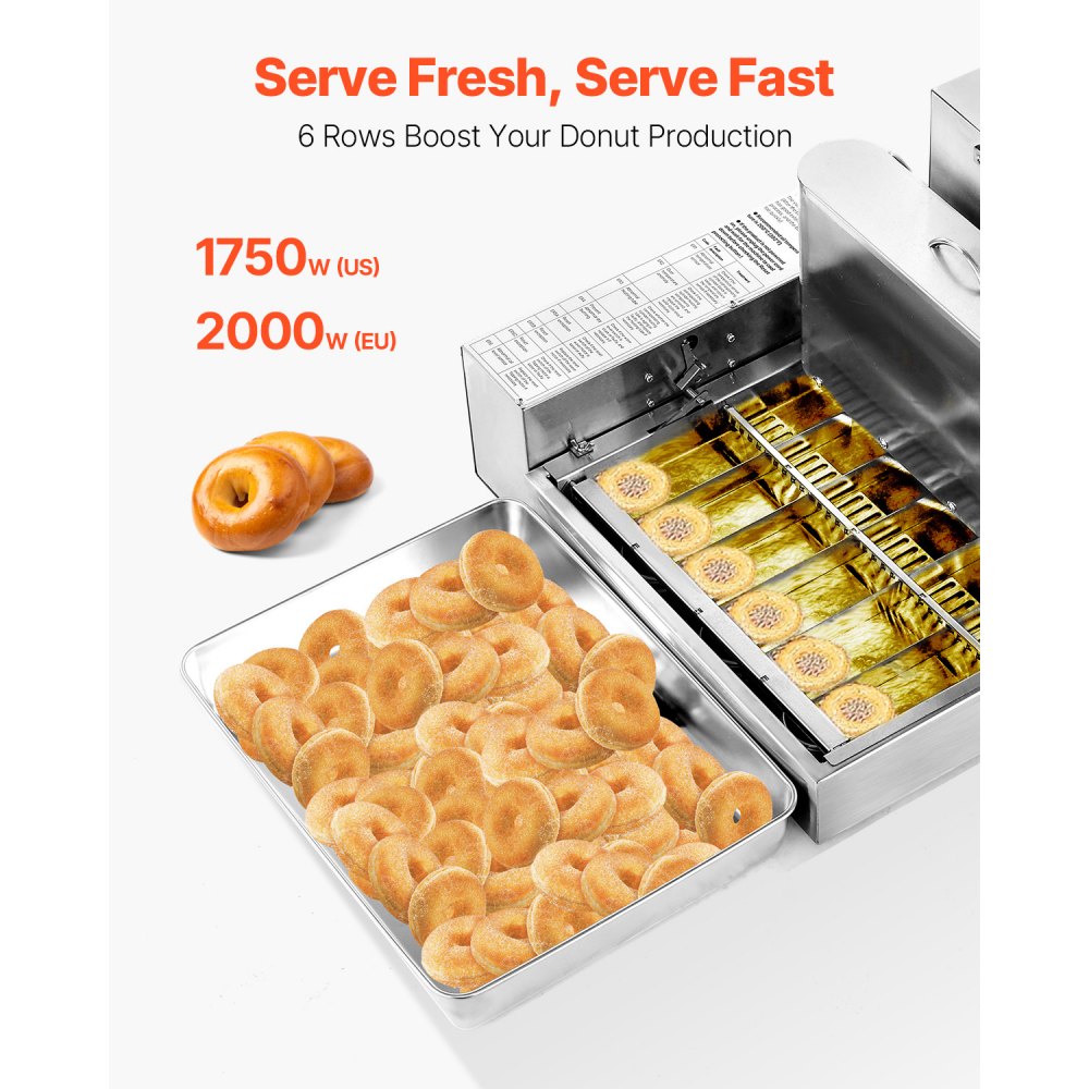 VEVOR Gewerbliche Automatische Donutmaschine, 6-reihige Donutmaschine, 360 Stück/h, Elektrischer Hochleistungs-Donutbereiter, Fritteuse aus Edelstahl mit Intelligenter Steuerung, Donut Maker