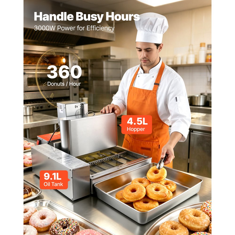 VEVOR Gewerbliche Automatische Donutmaschine, 6-reihige Donutmaschine, 360 Stück/h, Elektrischer Hochleistungs-Donutbereiter, Fritteuse aus Edelstahl mit Intelligenter Steuerung, Donut Maker