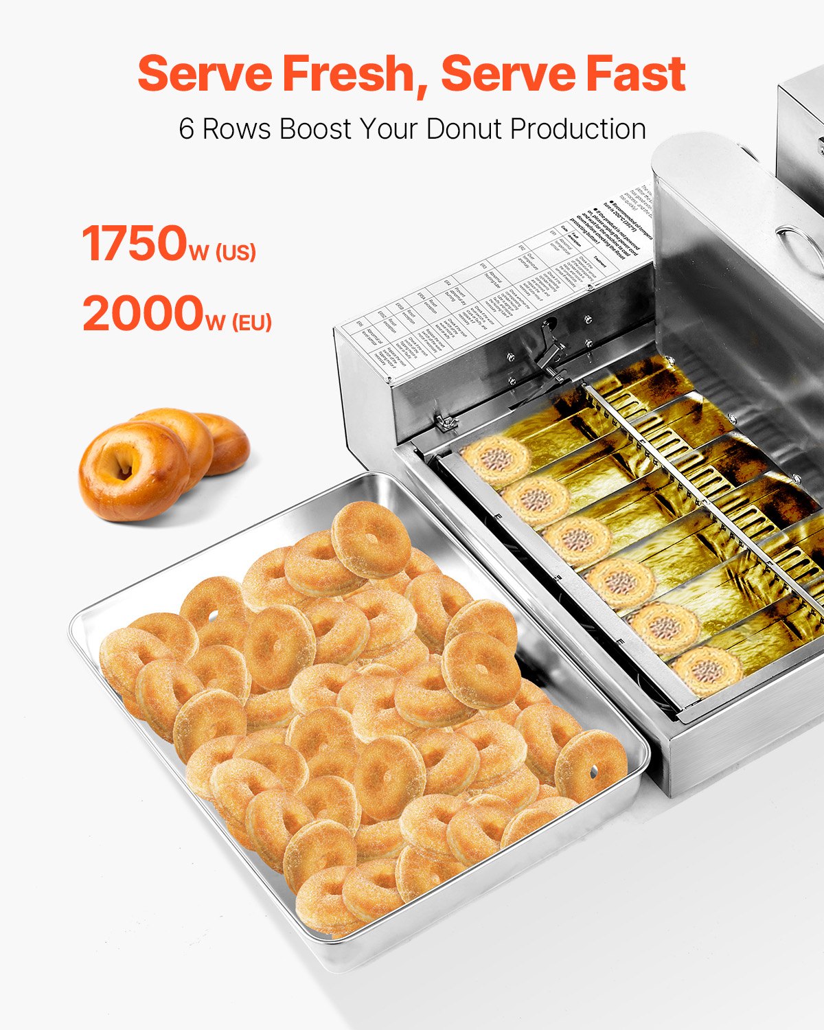 VEVOR Commercial Automatic Donut Machine Maker, 6-Row Stainless Steel Production Equipment (360 pcs/h) Electric Donut Fryer with Intelligent Control for Bakeries and Restaurants