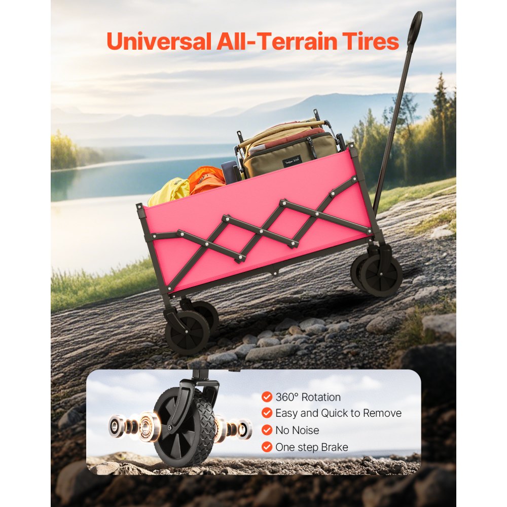VEVOR Bollerwagen faltbar, 106,2 kg, Handwagen mit Geländerädern, Transportwagen mit verstellbarem Griff, Campingwagen für Strand, Lebensmittelgeschäft, Garten, Pink & Schwarz, 660x450x460 mm